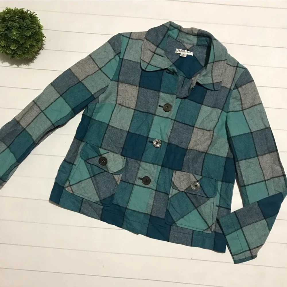 Pendleton Blue Teal Plaid Wool Button Front Shacket Jacket Shirt Medium Petite - Picture 1 of 2
